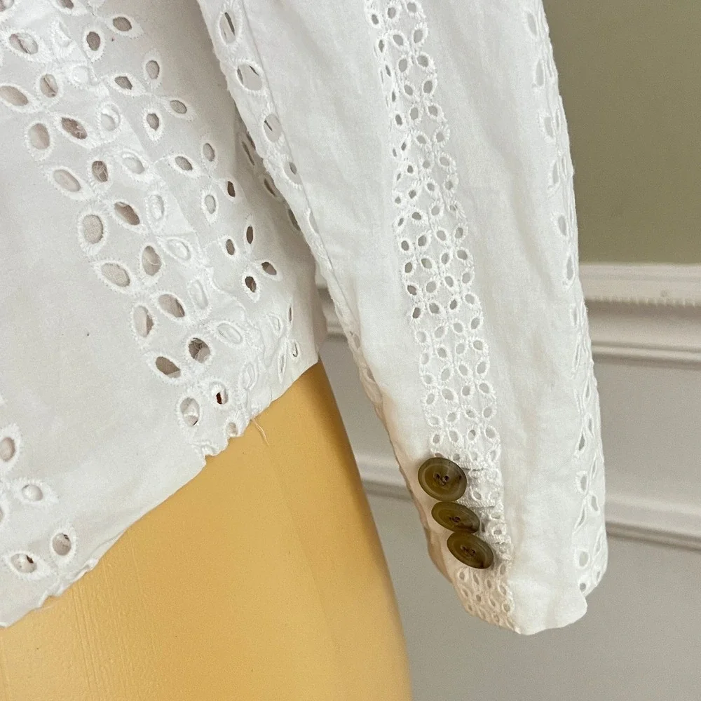 J.Crew Eyelet Blazer Womens 4 White Cotton‎ Floral Lace Two Button Summer Jacket